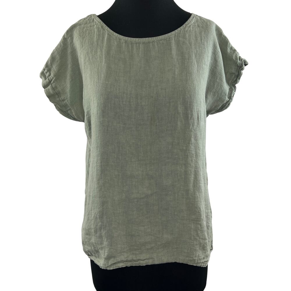 Terzo Millennio Green Short Sleeve Round Button Back Women Linen Blouse S Small